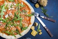 Fresh classic italian pizza with pasta and Cutlery, top view, flat lay Royalty Free Stock Photo