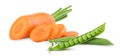 Fresh clean carrots with stems, ring slice and young peas Royalty Free Stock Photo