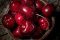 Fresh clean cherries in a bowl on a wooden board. Photo in a rustic style for illustration on a culinary theme