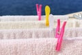 Fresh clean towels drying on washing line outdoor Royalty Free Stock Photo