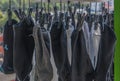 Fresh clean white cotton socks hanging and drying on clothesline