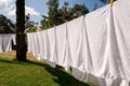 Fresh clean white towels drying on washing line Royalty Free Stock Photo