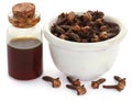 Fresh clove with oil in a jar Royalty Free Stock Photo