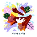 Fresh clove spice juice splash organic food condiment spice splatter on abstract colorful splatter splash background