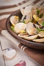 Fresh Cockle clams (Venus, Meretrix) with wine sauce. Portuguese