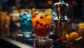 Fresh cocktail on bar table, ice, fruit, glass, refreshing drink generated by AI Royalty Free Stock Photo