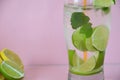 Fresh cocktail drinks with ice fruit and herb mint decoration. Alcoholic non-alcoholic drink-beverage. Mojito on pink