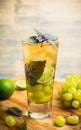 Fresh cocktail with grape, lime and basil leaves Royalty Free Stock Photo