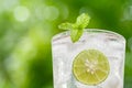 Fresh cocktail with lime slice and mint on green bokeh blurred b Royalty Free Stock Photo