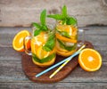 Fresh cocktail with orange, mint and ice, selective focus Royalty Free Stock Photo