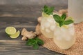 Fresh cocktail prepared with ginger beer, lime and ice. Beverage on the table. Image contains copy space for text. Fresh Royalty Free Stock Photo