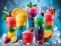 fresh cocktails with fruits and ice on black background, closeup Royalty Free Stock Photo