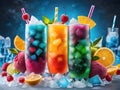 fresh cocktails with fruits and ice on black background, closeup Royalty Free Stock Photo