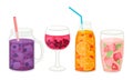 Fresh Cocktails with Ice Cubes and Sliced Fruits and Berries in Glass and Jar with Straw Vector Set Royalty Free Stock Photo