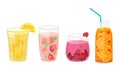 Fresh Cocktails with Ice Cubes and Sliced Fruits and Berries in Glass and Jar with Straw Vector Set. Refreshing Fruit Royalty Free Stock Photo