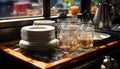 Fresh cocktails on wooden bar, glassware stacked, reflecting modern elegance generated by AI