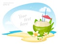 Fresh Coconut Cocktail with Plumeria Flowers, straws and Umbrella on the Island Beach. Summer Time Vacation Attribute. Vector Royalty Free Stock Photo