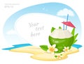 Fresh Coconut Cocktail with Plumeria Flowers, straws and Umbrella on the Island Beach. Summer Time Vacation Attribute. Vector Royalty Free Stock Photo