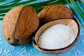 Fresh coconut and coconut chips. Preparation of desiccated coconut at home, the use and application of coconut