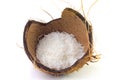 Fresh coconut flakes placed in bark and shell  on white background Royalty Free Stock Photo