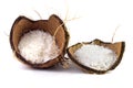 Fresh coconut flakes placed in bark and shell isolated on white background Royalty Free Stock Photo