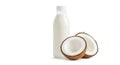 Fresh coconut milk in bottle with halved coconuts on white background Royalty Free Stock Photo
