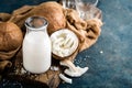 Fresh coconut milk in glass bottle Royalty Free Stock Photo