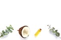 Fresh coconut and oil in a bottle, eucalyptus leaves on white background. Personal hygiene and natural cosmetics concept