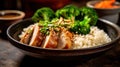 Fresh Coconut Rice Bowl With Steamed Broccoli and Garlic Chicken on Blurred Background