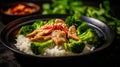 Fresh Coconut Rice Bowl With Steamed Broccoli and Garlic Chicken on Blurred Background