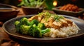 Fresh Coconut Rice Bowl With Steamed Broccoli and Garlic Chicken on Blurred Background