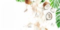 Fresh Coconut Splash with Green Tropical Leaves and Cracked Shells: A Refreshing and Royalty Free Stock Photo