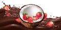 Fresh coconut with strawberries on a chocolate wave.