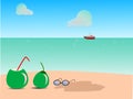 Fresh coconut with summer holiday on beach ,illustration