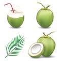 Fresh coconut water drink with green coconut and coconut leaf isolated on white background