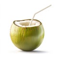 Fresh Green Coconut Water with Straw on White Background Royalty Free Stock Photo