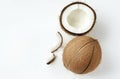 Fresh coconut on white background: whole, halved, and pieces displayed Royalty Free Stock Photo