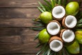 Fresh coconuts arranged tastefully on a wooden backdrop