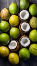 Fresh coconuts arranged tastefully on a wooden backdrop Royalty Free Stock Photo