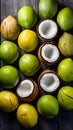 Fresh coconuts arranged tastefully on a wooden backdrop