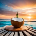 Fresh coconuts on a wooden table by the beach in summer