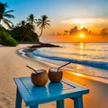 Fresh coconuts on a wooden table by the beach in summer