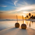 Fresh coconuts on a wooden table by the beach in summer