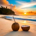 Fresh coconuts on a wooden table by the beach in summer