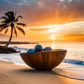 Fresh coconuts on a wooden table by the beach in summer