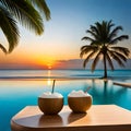 Fresh coconuts on a wooden table by the beach in summer