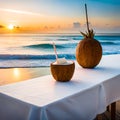 Fresh coconuts on a wooden table by the beach in summer