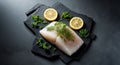 Fresh Cod Fillet with Lemon and Herbs on a Dark Slate Plate, Culinary Still Life Royalty Free Stock Photo