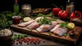 Fresh cod fillets with herbs and lemon raw seafood ingredients for delicious recipes