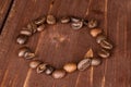 Fresh coffee bean on brown wood Royalty Free Stock Photo